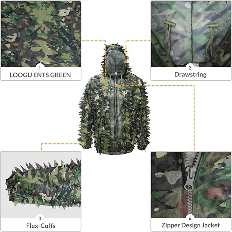 3D Leafy Camo Suit Hunting Camouflage Breathable Ghillie Suit Clothing Woodland Apparel for Hunting Airsoft Wildlife Photography