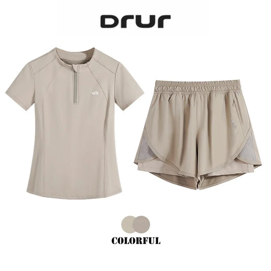 DRUR Golf Wear Women Lightweight Summer Sweatsuit Set Two Pieces Gym Workout Top Shorts Sets Fitness Track Suit Female Yogawear