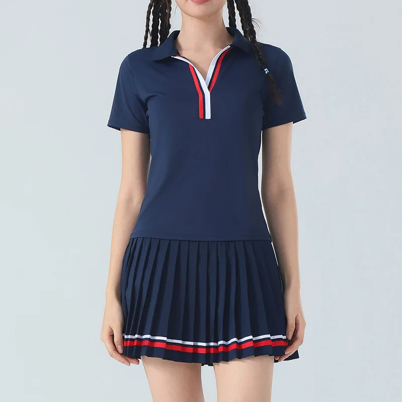 Women's Golf Outfit 2 Piece Quick Dry Breathable Pleated Skirt Set Casual Athletic Workout Sports Suit
