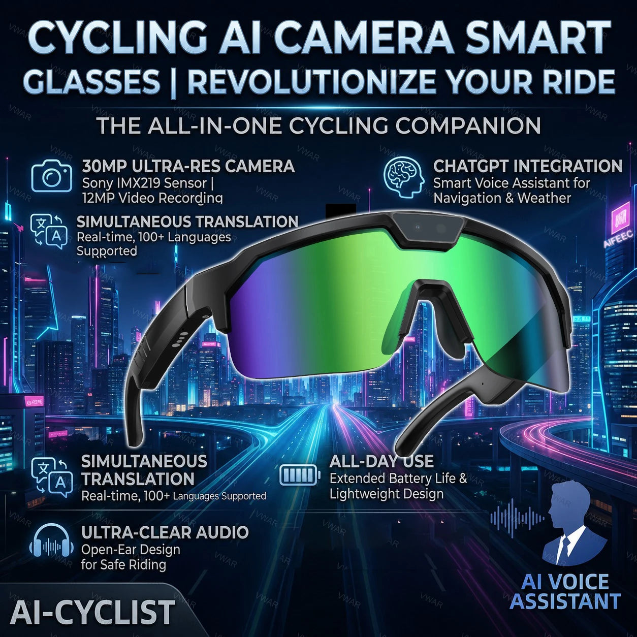 Smart Glasses with 4K HD Anti-Shake Camera & 3D Stereo Speakers Polarized UV400 Sport Sunglasses Bluetooth AI Outdoors Video POV