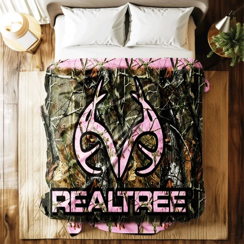 RealTree Camo Hunting Blanket - All-Season Soft Flannel Bedspread/Throw - Pink & Brown Camouflage design with RealTree Logo