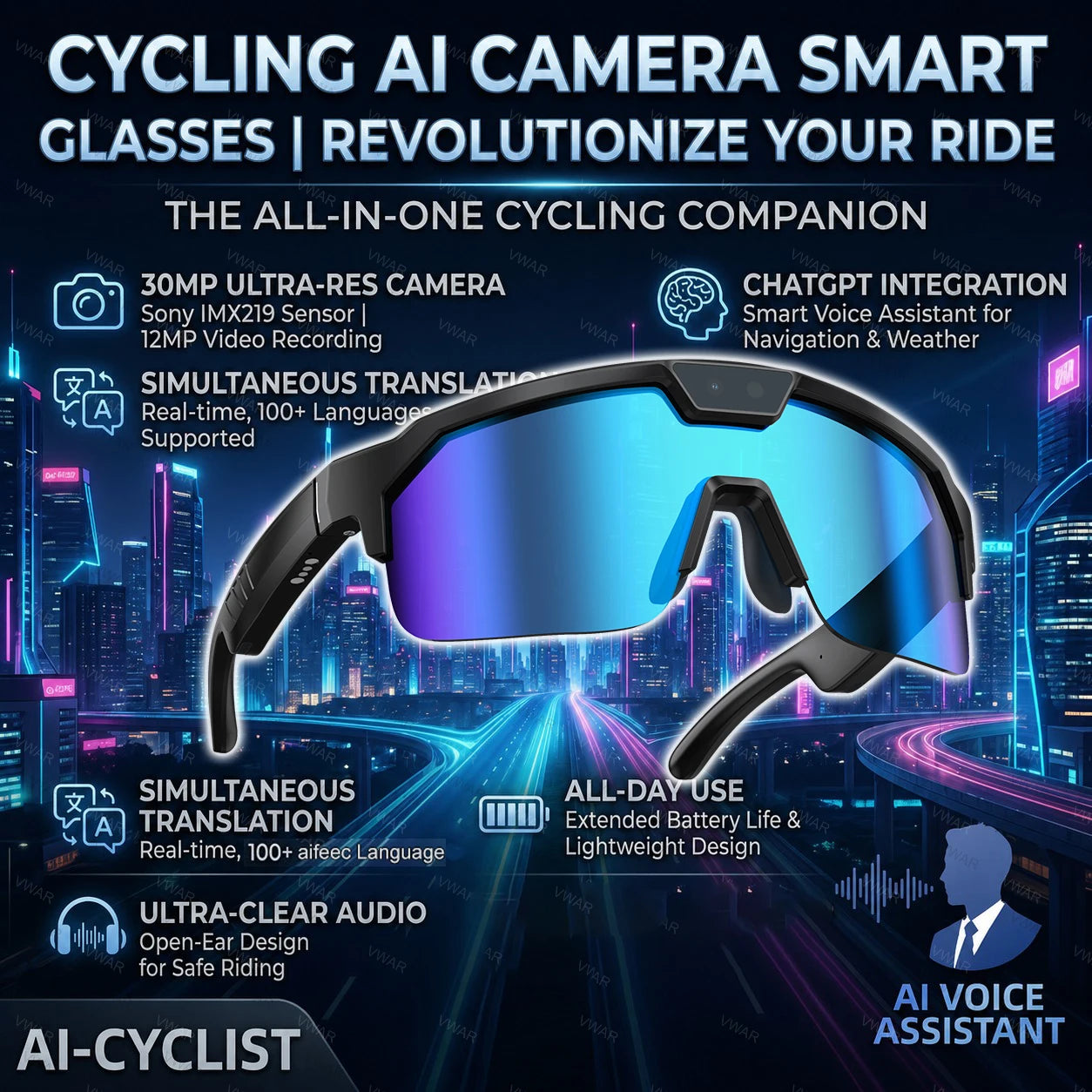 Smart Glasses with 4K HD Anti-Shake Camera & 3D Stereo Speakers Polarized UV400 Sport Sunglasses Bluetooth AI Outdoors Video POV