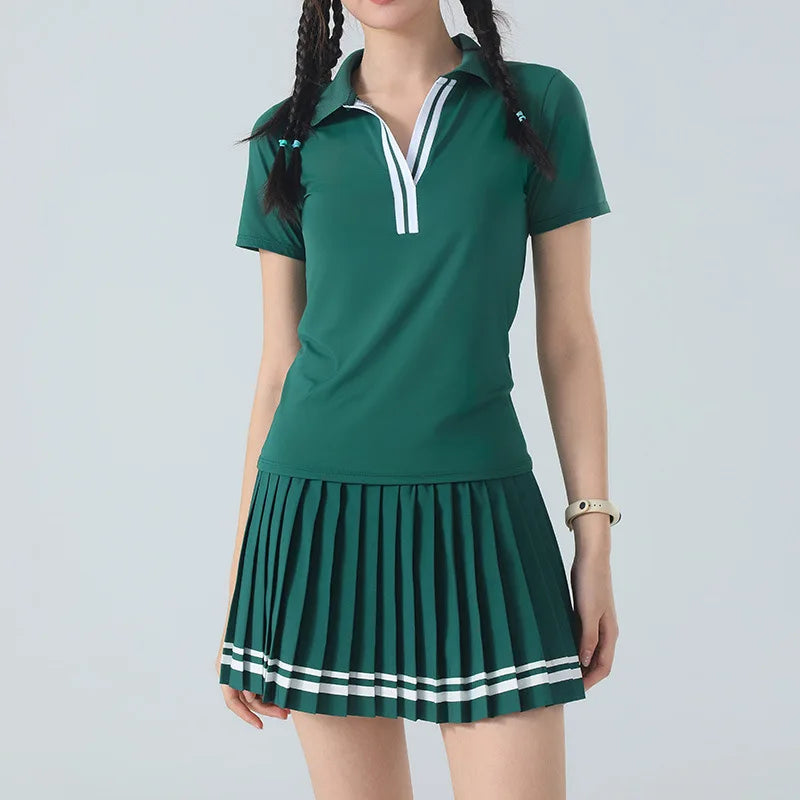 Women's Golf Outfit 2 Piece Quick Dry Breathable Pleated Skirt Set Casual Athletic Workout Sports Suit