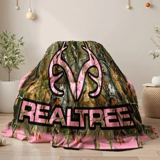 RealTree Camo Hunting Blanket - All-Season Soft Flannel Bedspread/Throw - Pink & Brown Camouflage design with RealTree Logo