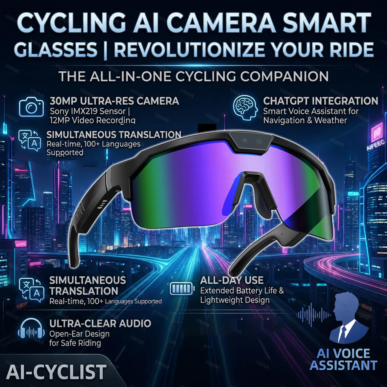 Smart Glasses with 4K HD Anti-Shake Camera & 3D Stereo Speakers Polarized UV400 Sport Sunglasses Bluetooth AI Outdoors Video POV