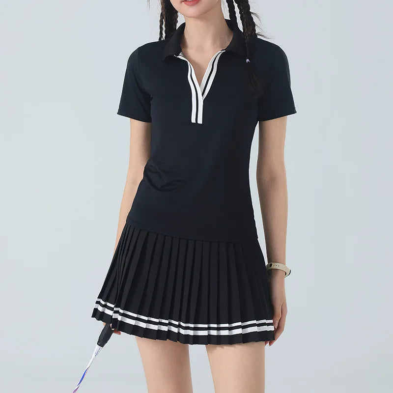 Women's Golf Outfit 2 Piece Quick Dry Breathable Pleated Skirt Set Casual Athletic Workout Sports Suit