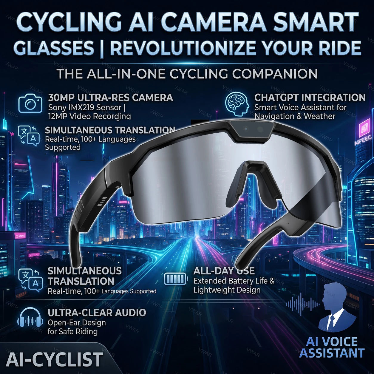 Smart Glasses with 4K HD Anti-Shake Camera & 3D Stereo Speakers Polarized UV400 Sport Sunglasses Bluetooth AI Outdoors Video POV