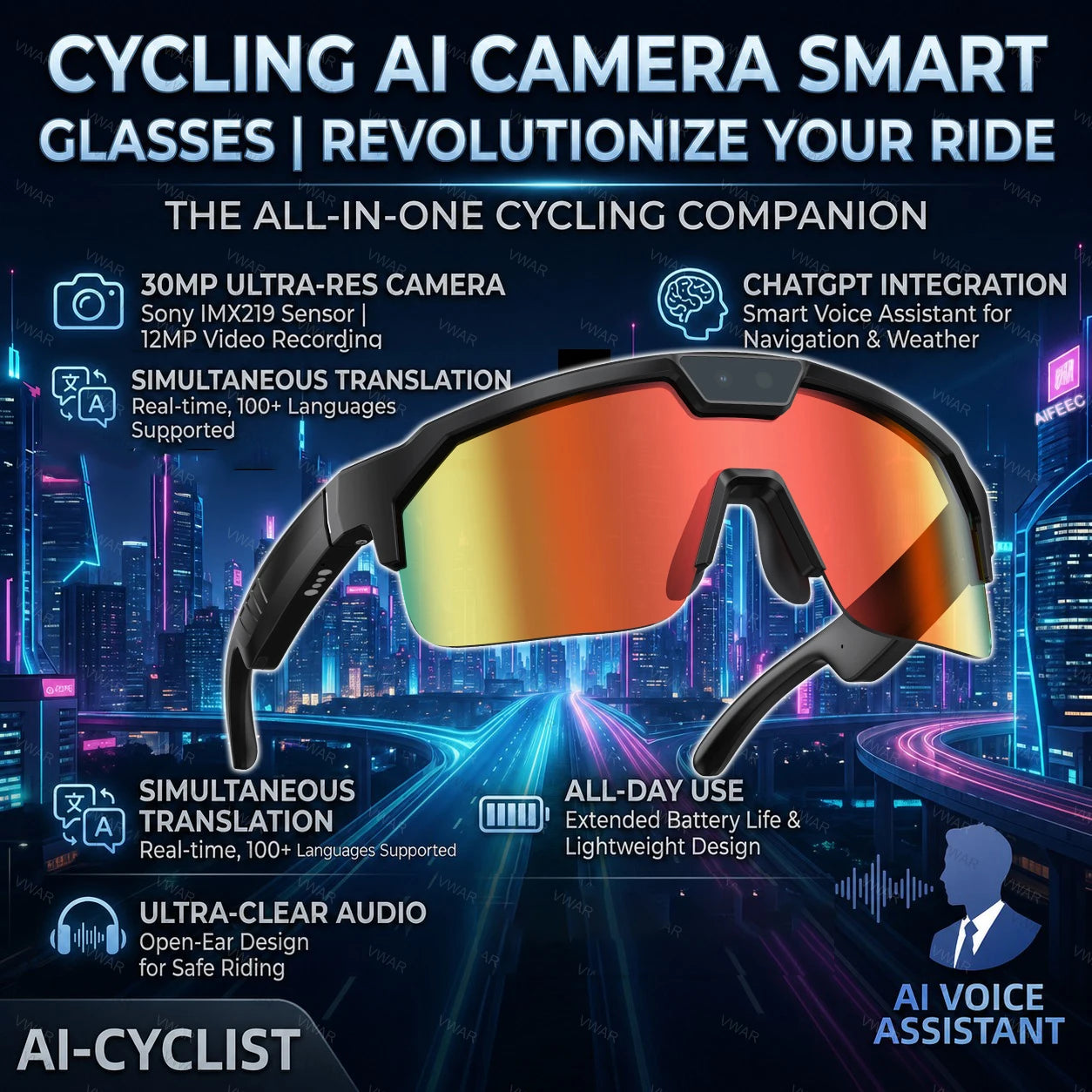 Smart Glasses with 4K HD Anti-Shake Camera & 3D Stereo Speakers Polarized UV400 Sport Sunglasses Bluetooth AI Outdoors Video POV