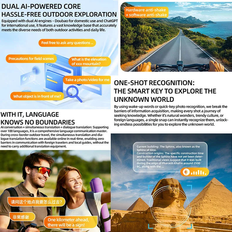 Smart Glasses with 4K HD Anti-Shake Camera & 3D Stereo Speakers Polarized UV400 Sport Sunglasses Bluetooth AI Outdoors Video POV
