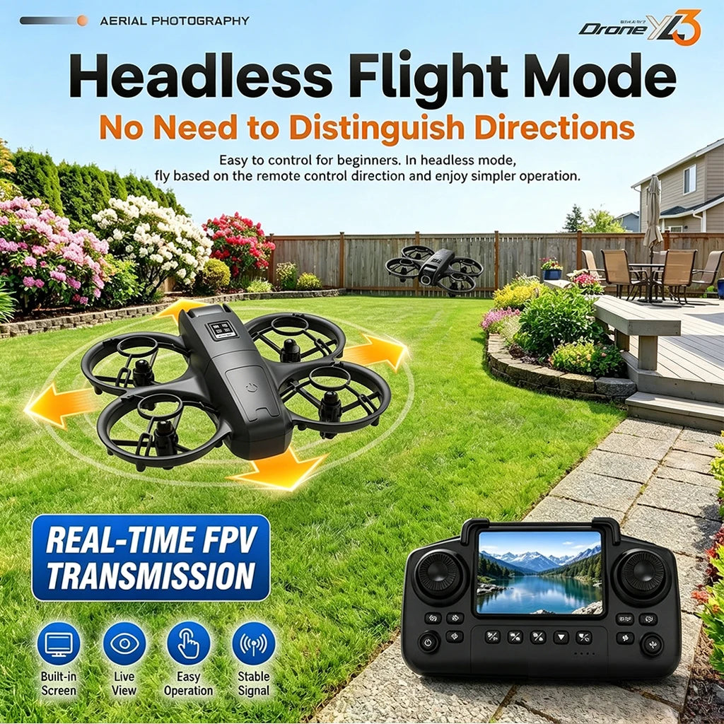 ZNLYRION YL3PK Mini Full Protective Drone With 2.4 Inch Screen Remote Dual Camera Optical Flow Hover 2 Batteries Indoor RC Quadcopter